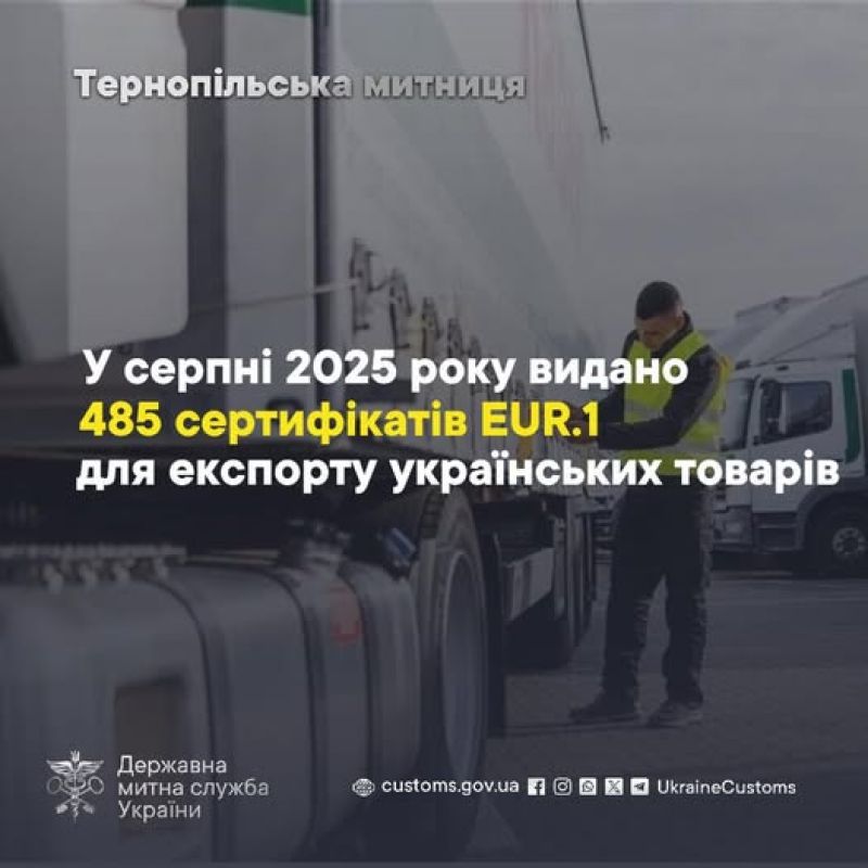 Для експорту українських товарів Тернопільська митниця видала 485 сертифікатів EUR.1