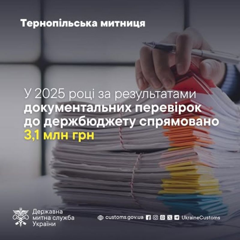 Тернопільська митниця за результатами документальних перевірок спрямувала до держскарбниці 3,1 млн гривень