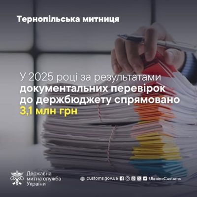 Тернопільська митниця за результатами документальних перевірок спрямувала до держскарбниці 3,1 млн гривень