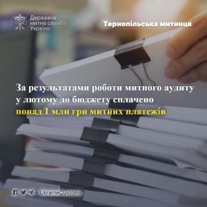 За результатами роботи митного аудиту забезпечено сплату понад 1 млн грн митних платежів