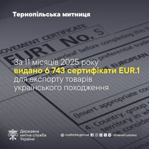 Тернопільською митницею оформлено понад 6,7 тис. сертифікатів з перевезення товарів форми EUR.1