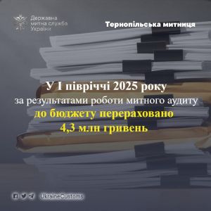 На Тернопільщині за результатами роботи митного аудиту до бюджету надійшло 4,3 млн грн митних платежів