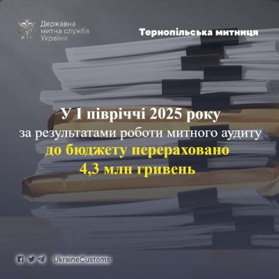 На Тернопільщині за результатами роботи митного аудиту до бюджету надійшло 4,3 млн грн митних платежів