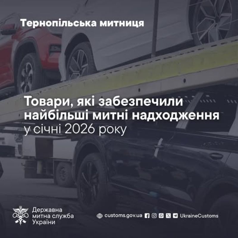 Товари, які забезпечили найбільші митні надходження у січні 2026 року